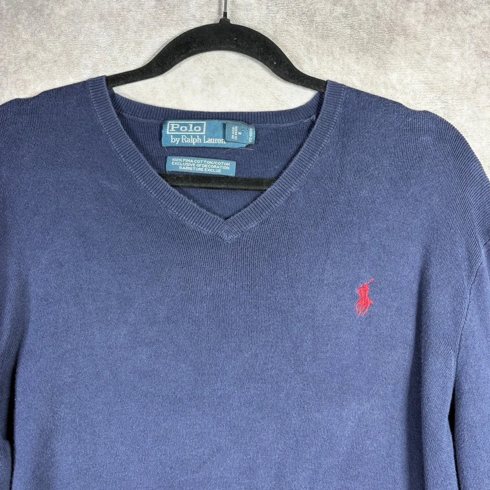 Polo Ralph Lauren Sweater Men M Blue Pima Cotton V-Neck Pullover Preppy Classic